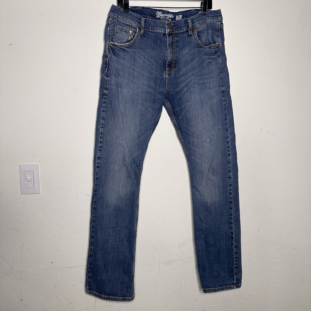 Wrangler Retro Slim Straight Mens 34x33 Blue Fade Cowboy County Western Denim